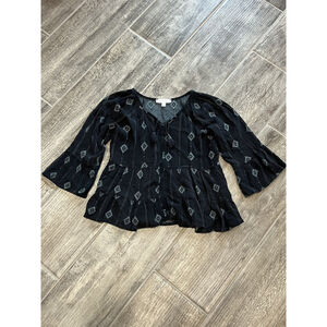 Persaya Girl Black Boho‎ Peasant Top Geometric Print Bell Sleeve Tie Neck Small
